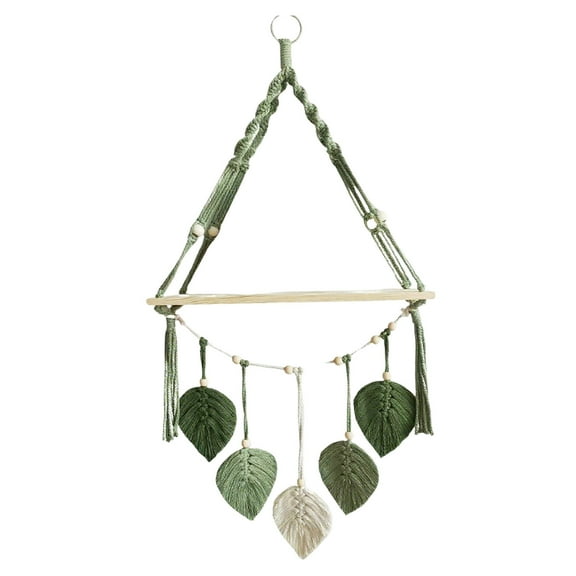 Green Woven Hanging Plant Shelf Wall Mounted Storage Rack Floating Shelf For Indoor Plants Flowerpot Stand Wood Display Organizer For Home Kitchen Bathroom Decor