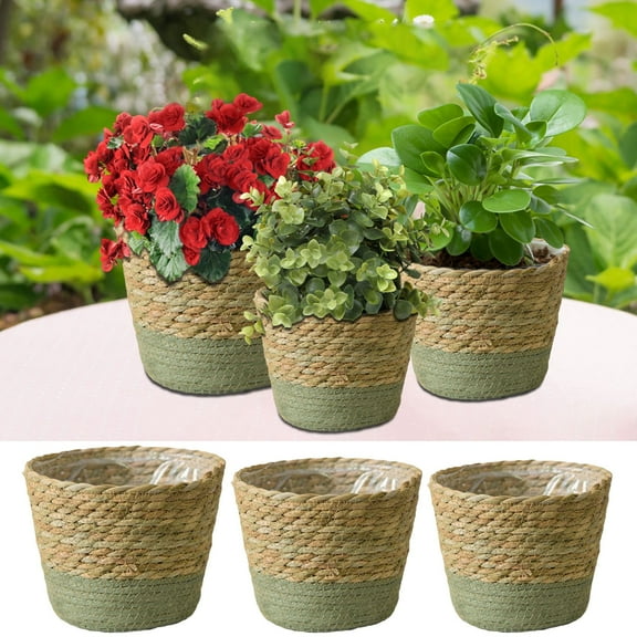 Green Woven Plant Basket Cover for Flower Pots, Straw Planter Holder with Fresh Design for Garden and Patio Decor