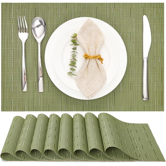 Green Woven Vinyl Placemats Set of 4, 17 x 12 Inch PVC Table Mats for Kitchen Dining Table, Indoor Table Decor