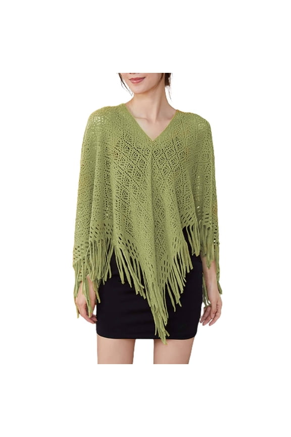 Green Wraps Women's Four Seasons Casual Shawl Knitted Geometric Tassel Decoration Multi Purpose Shawl