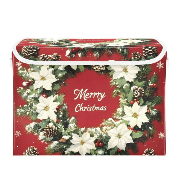 Green Wreath Christmas Large Storage Bins with Linen Collapsible Lid Storage Box 16.7 x 12.6 x 11.8in
