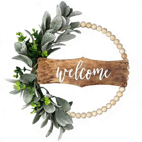 Green Wreath for Front Door, Wood Bead Wreaths with Artificial Lambs Ears Leaves, Welcome Door Sign Wreath for Home Decor, Spring Summer Leaf for Wedding Decor, 1 Pcs, 13.93x13.77"