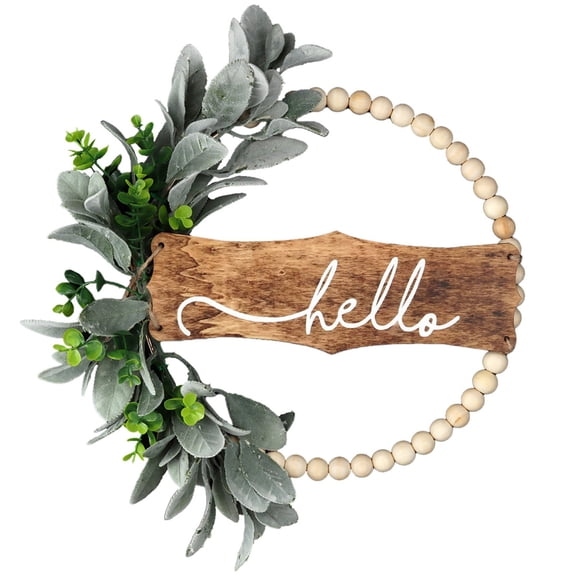 Green Wreath for Front Door, Easter Wood Bead Wreaths, Hello and Welcome Door Sign Wreath for Home Decor, Spring Summer Green Leaf for Wedding Decor