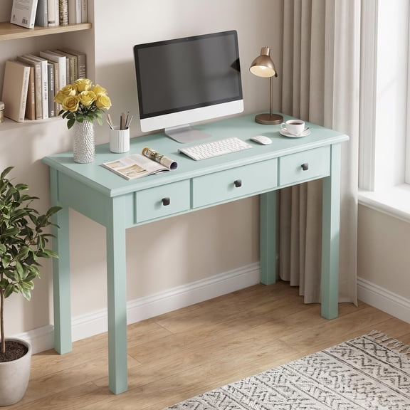Green Writing Desk With 3 Drawers, Rectangular MDF Top, Solid Wood Legs