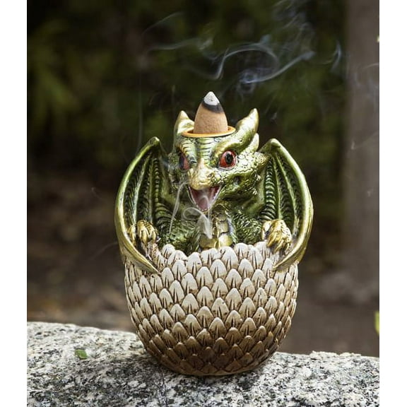 Green Wyrmling Baby Dragon On Golden Egg Backflow Incense Cone Burner Figurine
