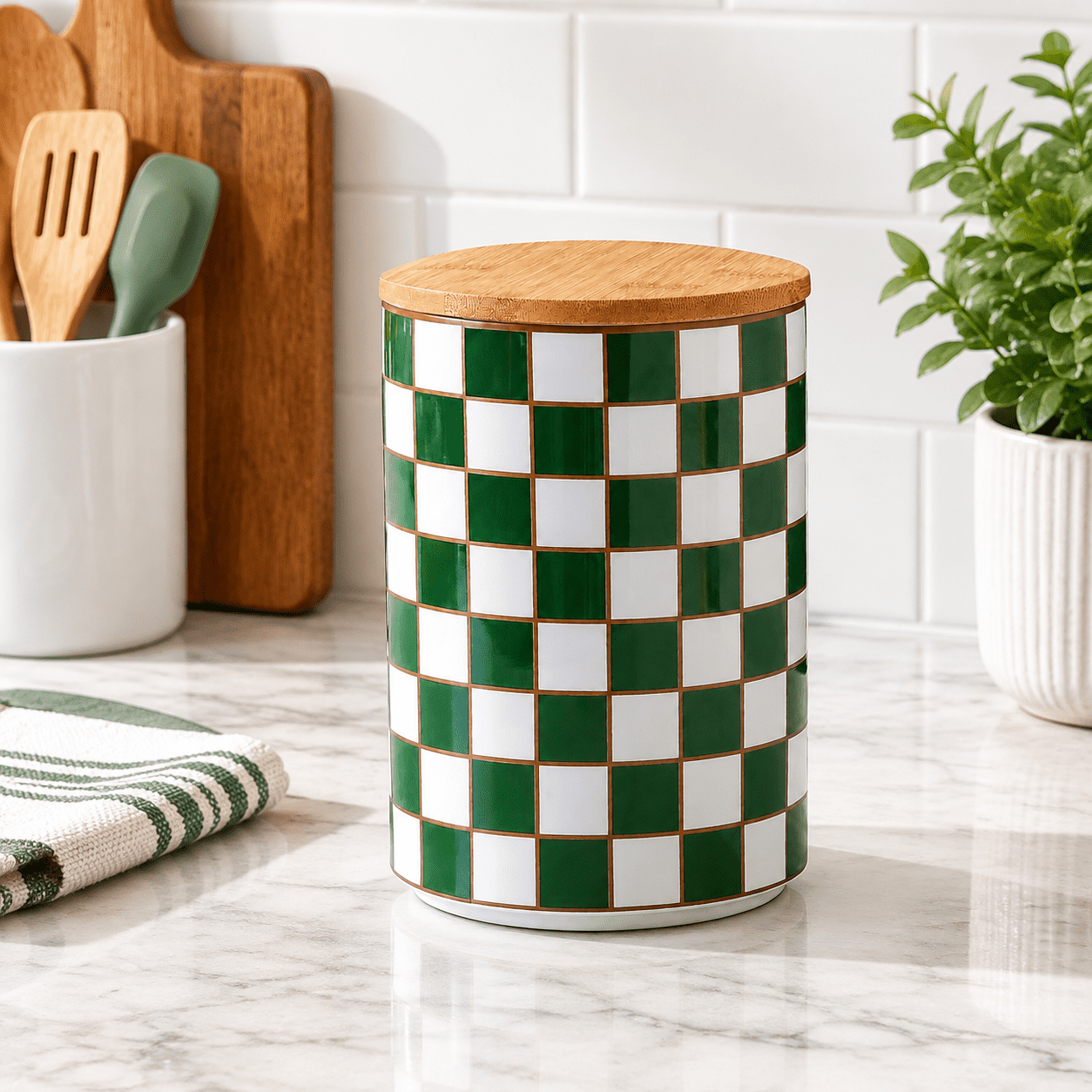 Green XL Airtight Ceramic Food Storage Canister With Lid, Checkered ...