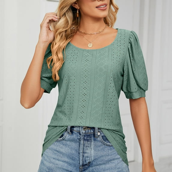 Green XXL WIZUTIZ Womens Blouse Sales Cotton Blend Fashion Ultra Soft Trendy Tshirt Ladies Linen Crew Neck Shirts Cozy Style Solid Tops Vintage Plain Tshirts Pure Colour Short Sleeve Tee T-