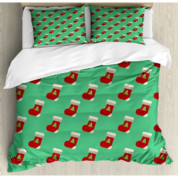 Green Xmas Duvet Cover Set, Winter Season Noel Santa Claus Ornamental Socks Repeating Composition Pattern, Decorative 3 Piece Bedding Set with 2 Pillow Shams, Queen Size, Ruby and Dusk, by Ambesonne