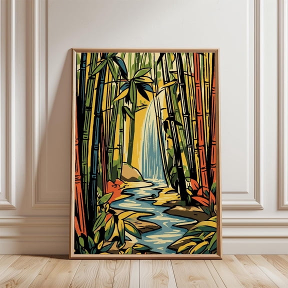 Green Yellow Bamboo Waterfall Poster, Unframed Paper Poster 8x10in