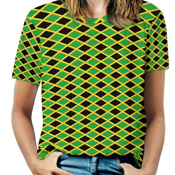 Green Yellow Black Diamond Pattern Women's T-Shirt Short Sleeve T Shirts Tops Tee Ladies Loose T