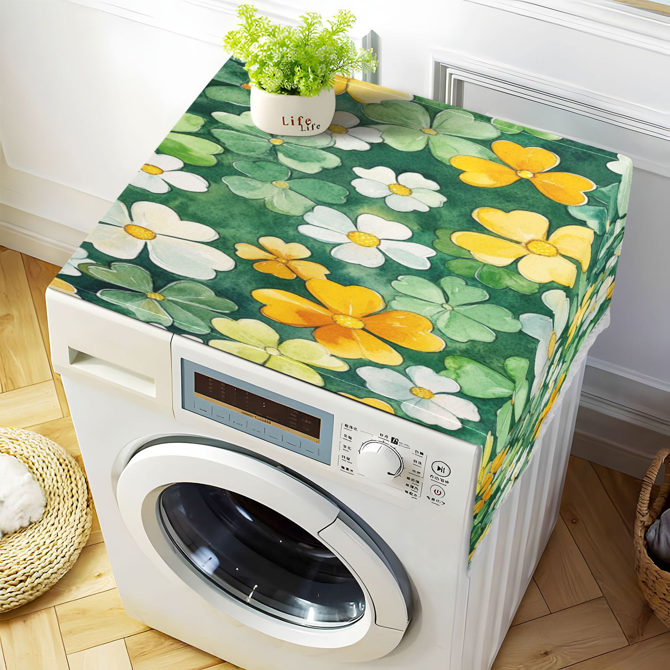 Green and Yellow BlossomsWasher and Dryer Covers Dust-Proof and Oil Resistant Fridge Cover with 4 Storage Pockets Washing Machine Top Cover for Laundry Kitchen Home 51.2 x 22 In