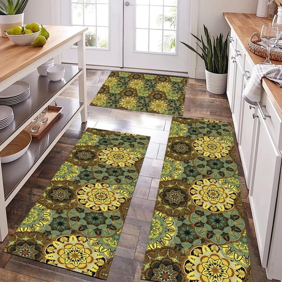 Green Yellow Boho Rugs Bohemian Flowers Rugs Water Absorbent Bath Mat Farmhouse Kitchen Rugs Set of 3 with Runner Soft Kitchen Carpets and Rugs Non Slip Washable for Bathroom Entryway Laundry