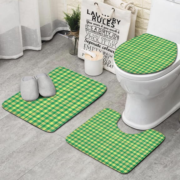 Green Yellow Checkerboard Checkered Pattern Bathroom Rugs Sets 3 Piece,Toilet Cover Set,Absorbent Non Slip Bathroom Mats Sets with U-Shaped Contour Rug Toilet Rug Set
