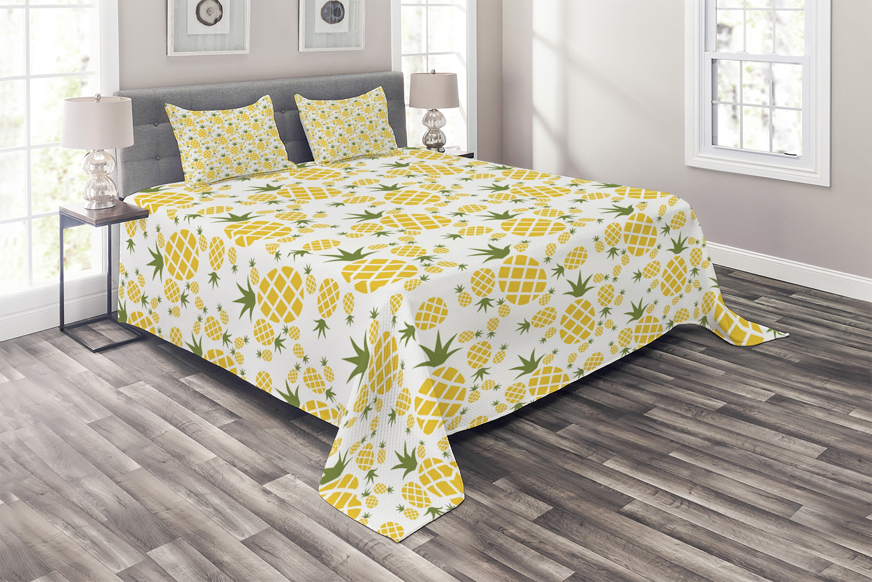 Green and Yellow Coverlet, Rhombus Pineapple with Blooming Foliage Organic Food Design, 3 Piece