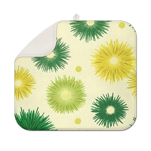 Green Yellow Dandelion Pattern Dish Drying Mat for Kitchen 1 Pack, Ultra Absorbent Microfiber Dishes Drainer Mats,16"x18"