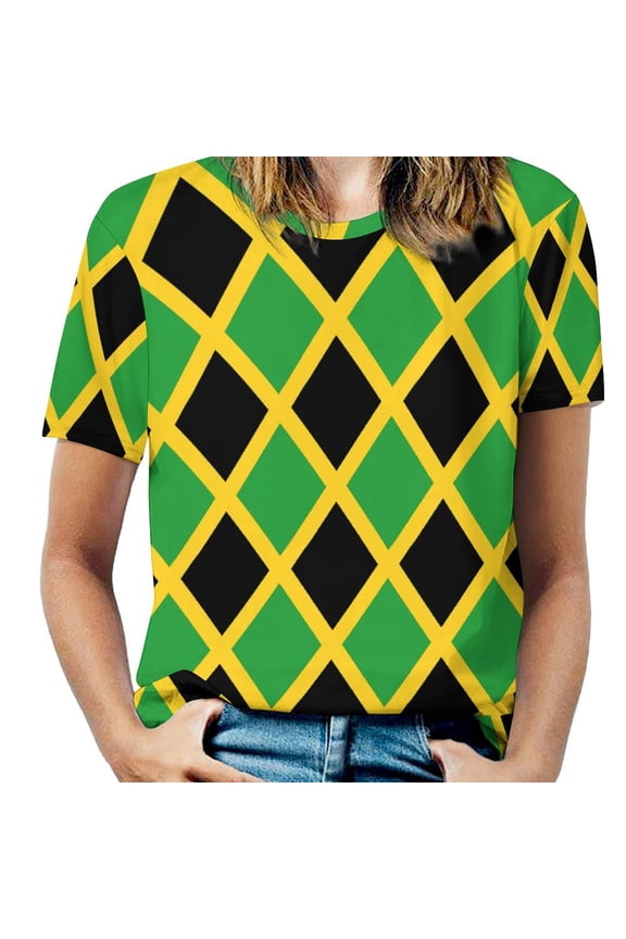 Green Yellow Diamond Pattern Women's T-Shirt Short Sleeve T Shirts Tops Tee Ladies Loose T