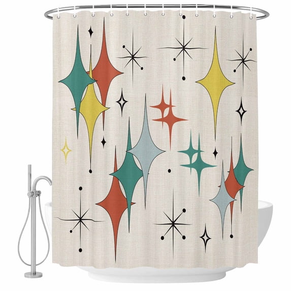 Green Yellow Diamond Shower Curtain, Waterproof Shower Curtains for Bathroom, Modern Geometric Middle Century Beige Washable Fabric Bathtub Curtain Set Bath Decor with 12 Hooks Stall 36"x72"