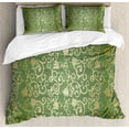 thumbnail image 1 of Green and Yellow Duvet Cover Set Queen Size, Old Fashioned Pattern with Vintage Curls Traditional Artistic Flourish, Decorative 3 Piece Bedding Set with 2 Pillow Shams, Green Yellow, by Ambesonne, 1 of 3