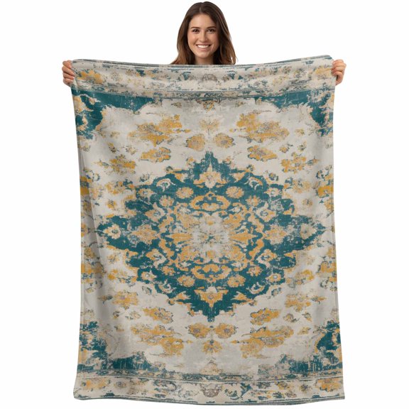 Green Yellow Ethnic Blanket Soft Cozy Warm Twin Blanket for Bed, Plush Fuzzy Flannel Fleece Blankets for Sofa, Boho Tribes National Style Throw Blankets for Couch, Gifts for Men, 60"x80"