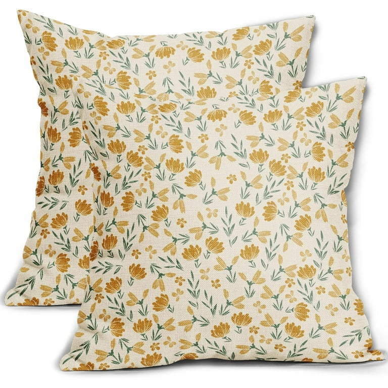 Green Yellow Floral Pillow Covers 18x18 Set of 2 Vintage Rustic Old Style Cute Small Flower Print Decorative Outdoor Pillowcases Farmhouse Throw Cushion Case Decor for Couch Sofa Bed Walmart