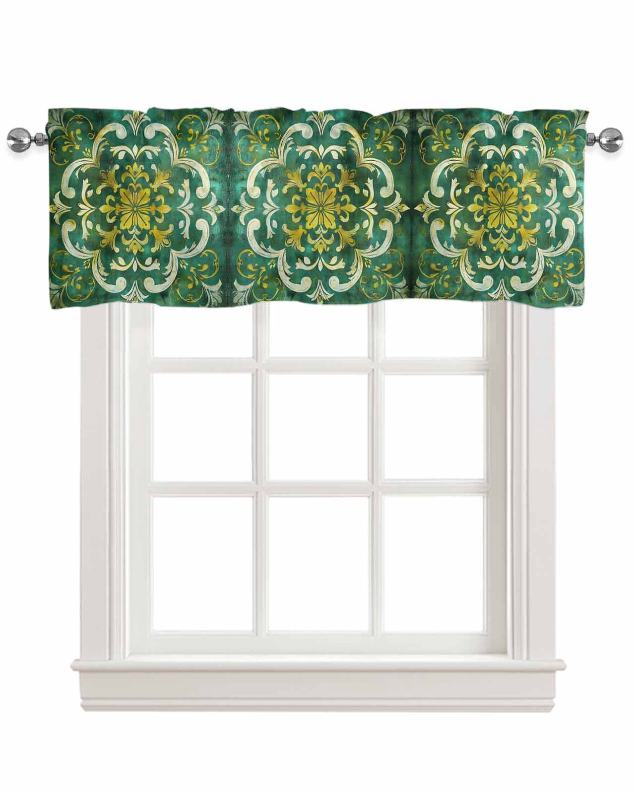 Green Yellow Flower Ethnic Kitchen Valances for Windows Farmhouse Linen Window Valance Curtain for Living Room Window Treatment Boho Vintage Abstract Valance Rod Pocket Topper Drape, 54 x 18 Inch