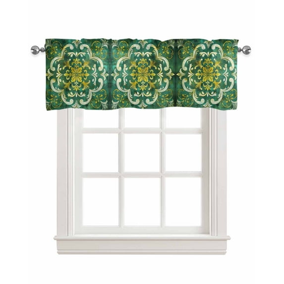 Green Yellow Flower Ethnic Kitchen Valances for Windows Farmhouse Linen Window Valance Curtain for Living Room Window Treatment Boho Vintage Abstract Valance Rod Pocket Topper Drape, 60 x 18 Inch