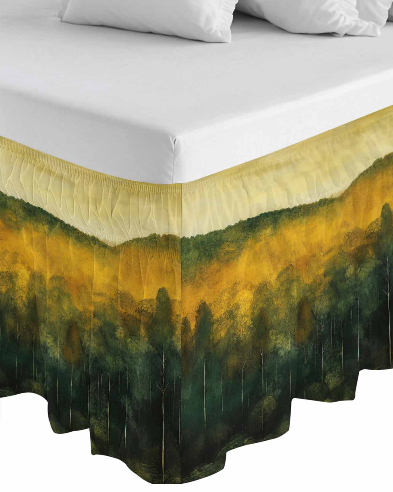 Green Yellow Forest Wrap Around Bed Skirts for King Bed 16" Drop, Bed Skirt with Adjustable Elastic Belt Dust Ruffle Bed Valance for Bedroom Hotel Luxury Oil Painting Landscape Bed Frame Cover