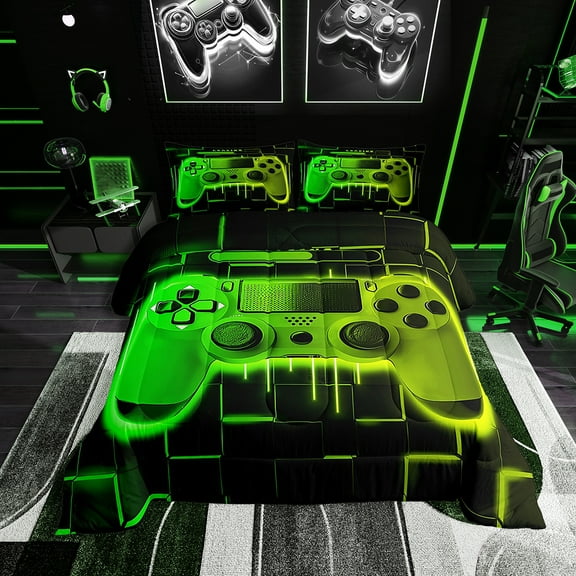 Green Yellow Gaming Comforter Set - Gamer Comforter Twin Bedding Sets , Neon Lights Abstract Geometry Design Gamer Room Decor