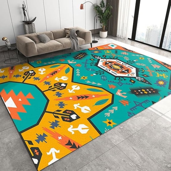 Green Yellow Geometric Ethnic Tribe Area Rugs, Retro Colorful Art Non-Slip Kids Rug, Upholstery Rug With Non-Slip Backing For Kids Boys Girls Bedroom Living Room Dining Room Study 1x2ft