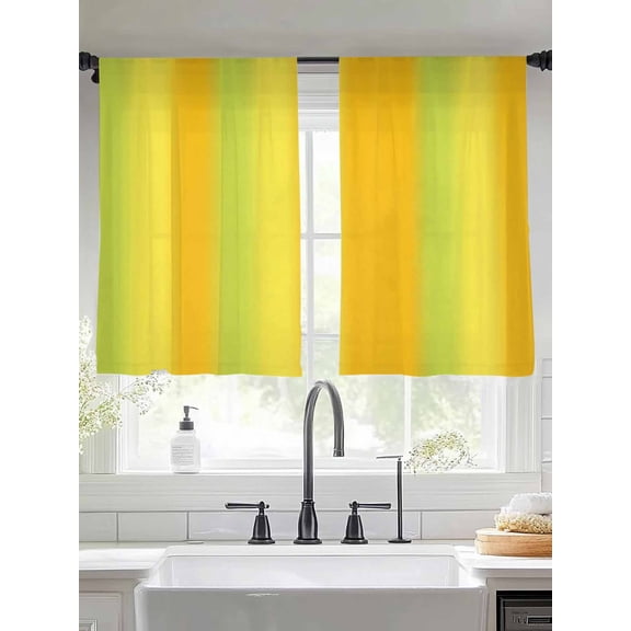 Green Yellow Gradient Sheer Curtains 54 inches Long, Minimalist Art Ombre Striped Texture Light Filtering Sheer Window Curtains Rod Pocket Voile Drapes for Bedroom Living Room, 2 Panels