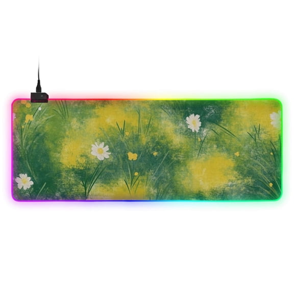 Green Yellow Grass Impressionism RGB Gaming Mouse Pad Large Keyboard Mat Rubber Base 13 Light Modes