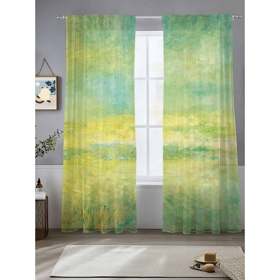 Green Yellow Grass Sheer Curtains 84 Inches Long 2 Panels Landscape Oil Painting Light Filtering Semi Sheer Window Curtains Drapes for Bedroom Living Room 52"x84" 2 Panels