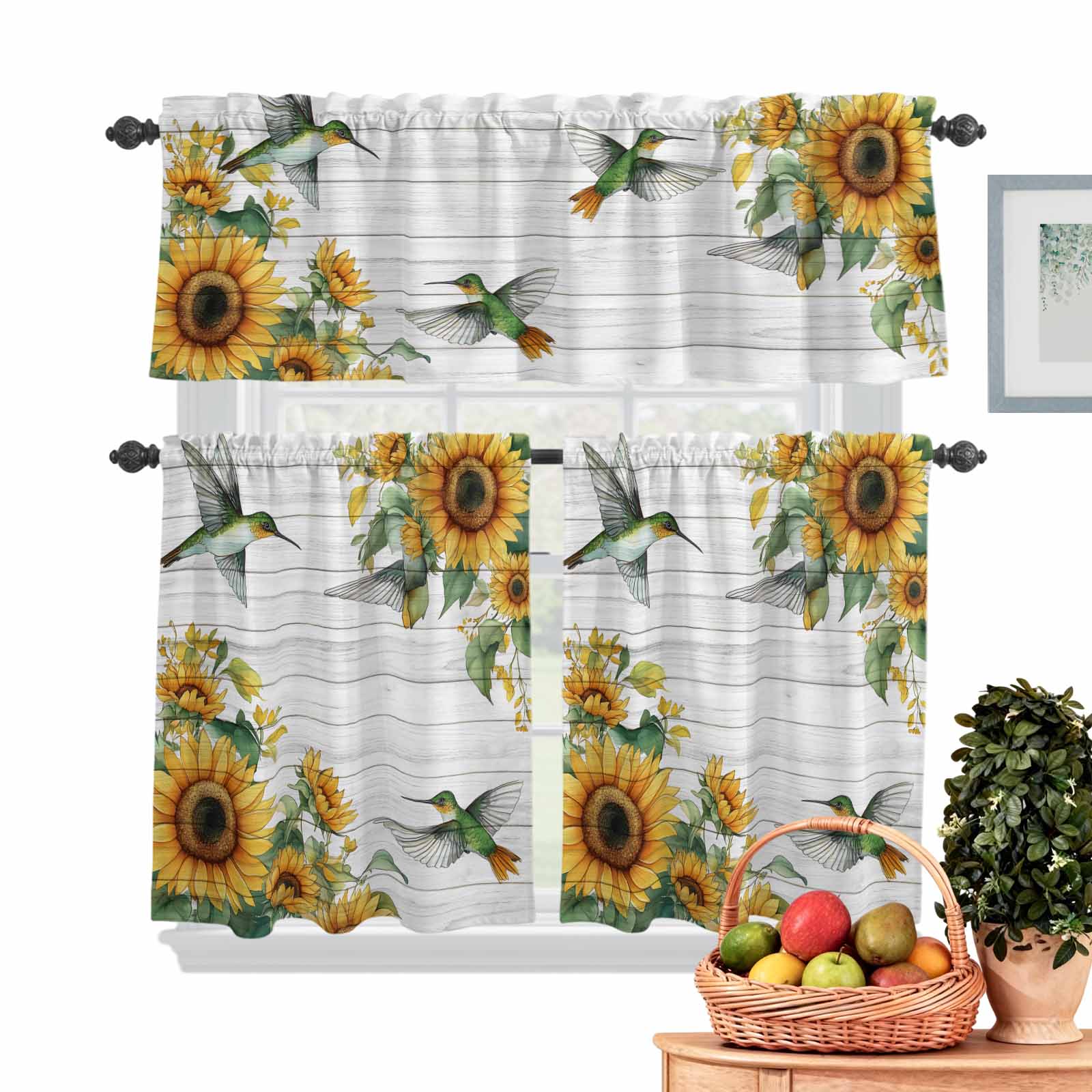 Green Yellow Kitchen Curtains Valances 3 Piece Set, Hummingbird ...