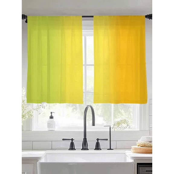 Green Yellow Ombre Sheer Curtains 45 inches Long, Minimalist Art Gradient Striped Texture Light Filtering Sheer Window Curtains Rod Pocket Voile Drapes for Bedroom Living Room, 2 Panels