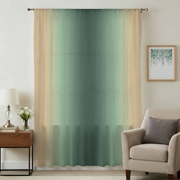 Green Yellow Ombre Sheer Curtains 54 Inches Long, Farmhouse Modern Gradient Art Light Filering Curtains, Breathable Simi Curtain Privacy Drapes for Kitchen Bathroom Lightweight Small Window Treatment