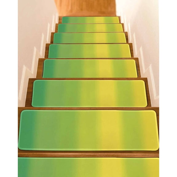 Green and Yellow Ombre Stair Treads Minimalist Gradient Striped Texture Indoor Non Slip Peel and Stick Stair Treads for Wooden Steps 4 PCS, Soft Adhesive Staircase Mats Runner Rugs 8"x30"