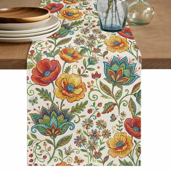 Green Yellow Paisley Table Runner 120 Inches, Vintage Boho Floral Botanical Bed Runner Dresser Scarves Tabletop for Indoor Outdoor Parties/Ceremony/Banquet, 13"x 120"