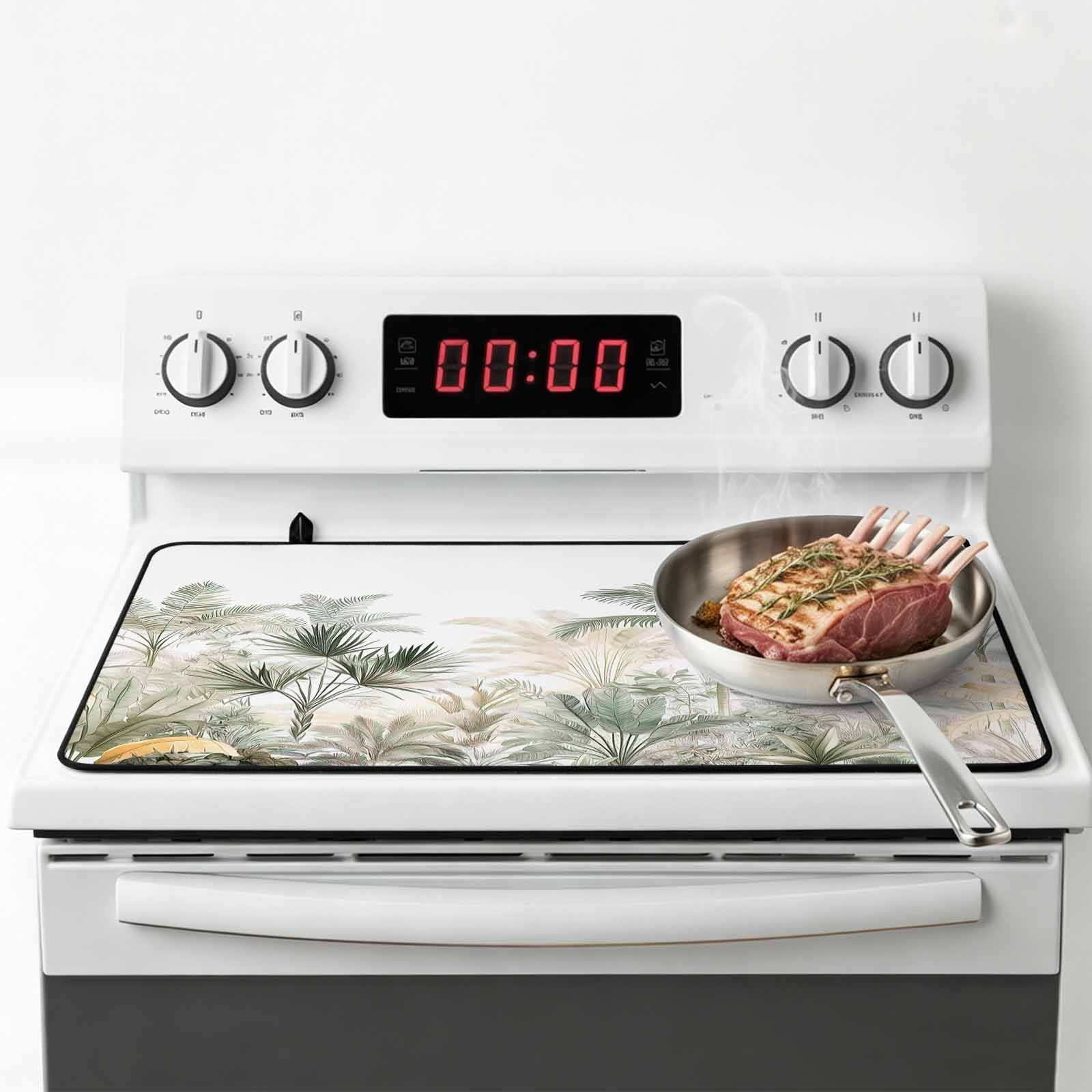 Green Yellow Palm Tree Stove Top Cover for Electric Stove, Heat-proof & Non Slip Glass Top Stove Cover Protector, Summer Botanical Tropical Kitchen Flat Cooktop Rubber Mat 36x21 Inches