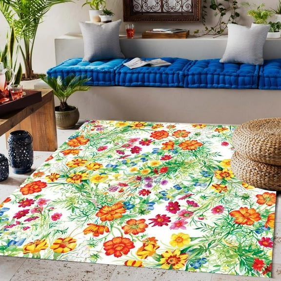 Green Yellow Red Flower Print Outdoor Area Rugs Washable Reversible Waterproof Outside Rug For Garden Patio Deck Balcony Porch Country Rustic Home Office Floor Carpet Runner Mats 5x6ft