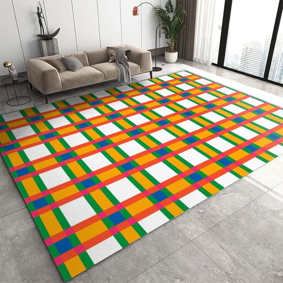Green Yellow Red Geometry Stripe Abstract Rug ，White Background Dark Blue Checkered Rug ，Non Slip Stain Resistant Rug ，Apply To Living Room Bedroom Game Room 5x7ft