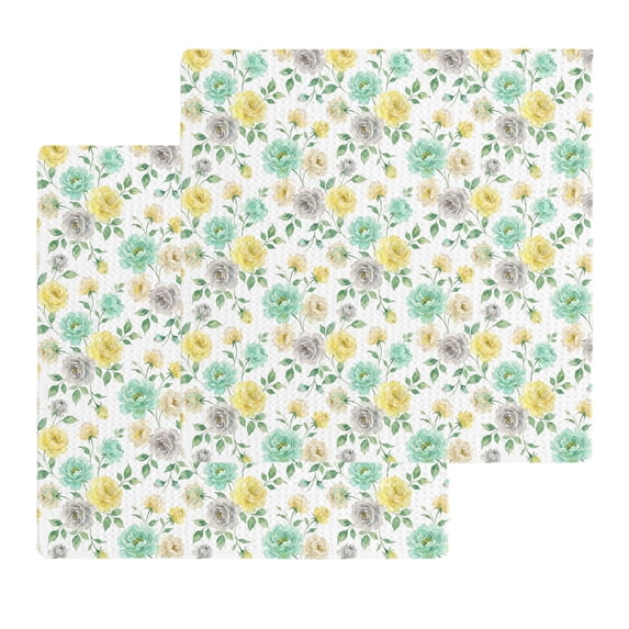 Green Yellow Roses Kitchen Dish Towels for Drying Dishes Set of 2, Farmhouse Botanical Flowers Blossom Waffle Weave Microfiber Hand Tea Bathroom Towels Quick Dry & Absorbent Towel 12x12