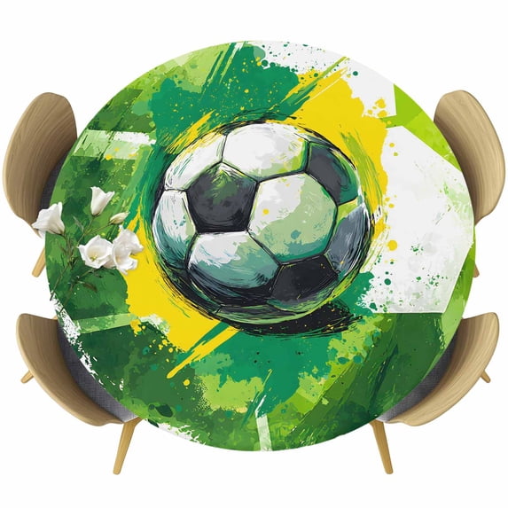 Green Yellow Soccer Round Tablecloth 55-60 Inch Round Fitted Table Cloth with Elastic Edge, Watercolor Football Sports Waterproof Table Cover Protector for Outdoor Picnic Party Dining