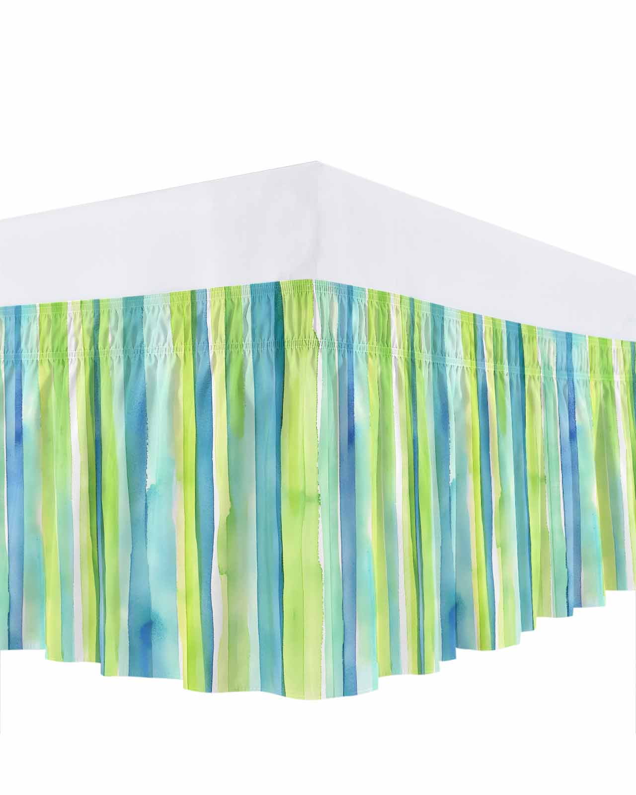 Green Yellow Striped Bed Skirt Queen Size 18" Drop Abstract Art Watercolor Ombre Ruffled Wrap Around Bed Skirts Adjustable Elastic Bedskirt Dust Ruffle for Queen Size Bed