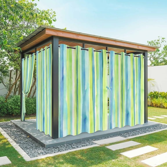 Green Yellow Striped Outdoor Curtains for Patio Waterproof, Abstract Art Watercolor Ombre Grommet Curtains for Porch Outside Privacy Drape for Gazebo Garden Pergola, 2 Panels, 54x84in
