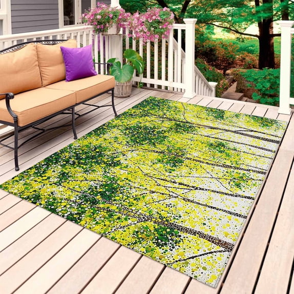 Green Yellow Trees Outdoor Rug for Patio/Deck/Porch, Non-Slip Large Area Rug 4 x 6 Ft, Modern Abstract Nature Forest Plant Indoor Outdoor Rugs Washable Area Rugs, Reversible Camping Rug Carpet Runner