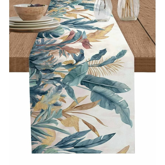 Green Yellow Tropical Leaves Burlap Cotton Table Runner 13x60 Inches Long, Vintage Botanical Summer Farmhouse Table Runners, Outdoor Dining Tablecloths Decor for Baby Shower/Party/Wedding