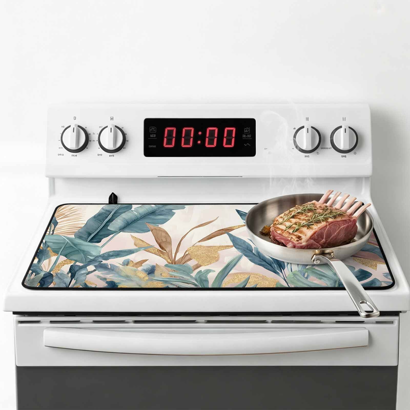 Green Yellow Tropical Leaves Stove Top Cover for Electric Stove, Heat-proof & Non Slip Glass Top Stove Cover Protector, Vintage Botanical Summer Kitchen Flat Cooktop Rubber Mat 24x21 Inches