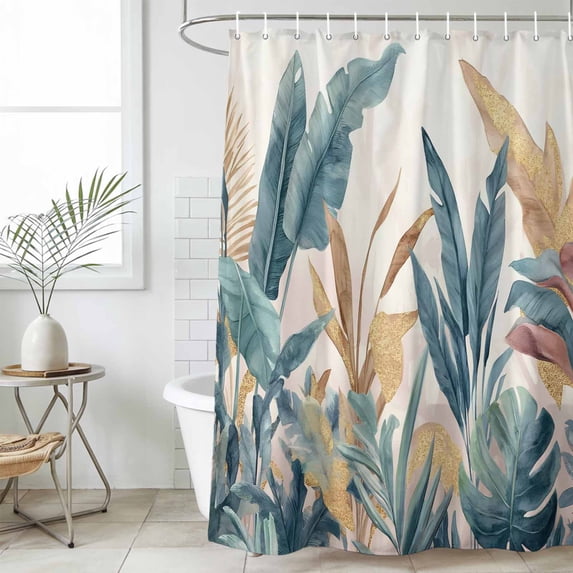 Green Yellow Tropical Leaves Waterproof Fabric Shower Curtain,Vintage Botanical Summer Waterproof Fabric Shower Curtain for Bathroom Curtains Bathtubs Shower Curtains with 12 Hooks Standard 72x72