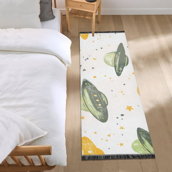 Green Yellow Ufos Crayon Painted Bedside Runner Rug 2'x 6' Non Slip Carpet Floor Mat Area Rug