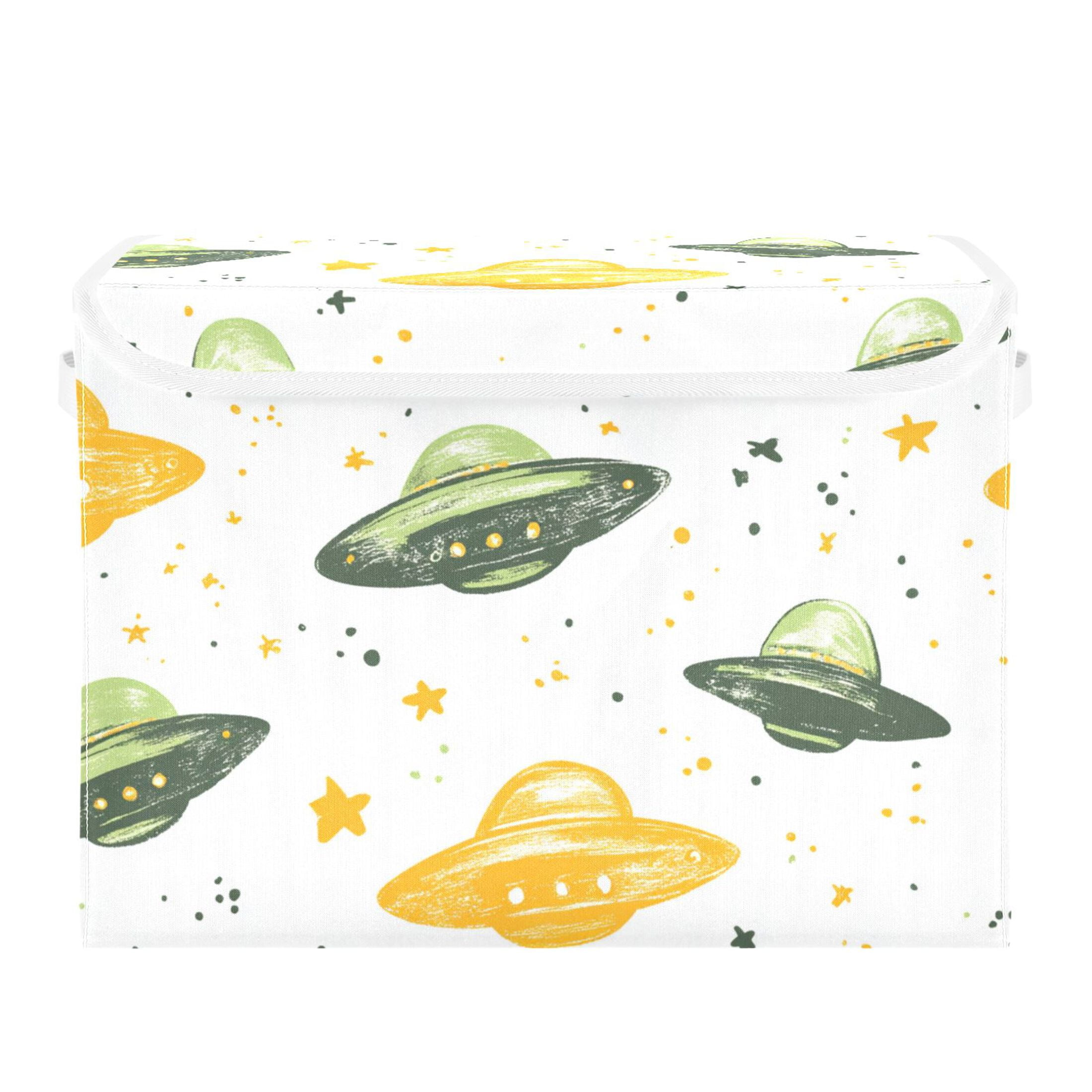 Green Yellow Ufos Crayon Painted Foldable Storage Bin with Lid and Handle Collapsible Storage Box 16.5 x 12.6 x 11.8 inches
